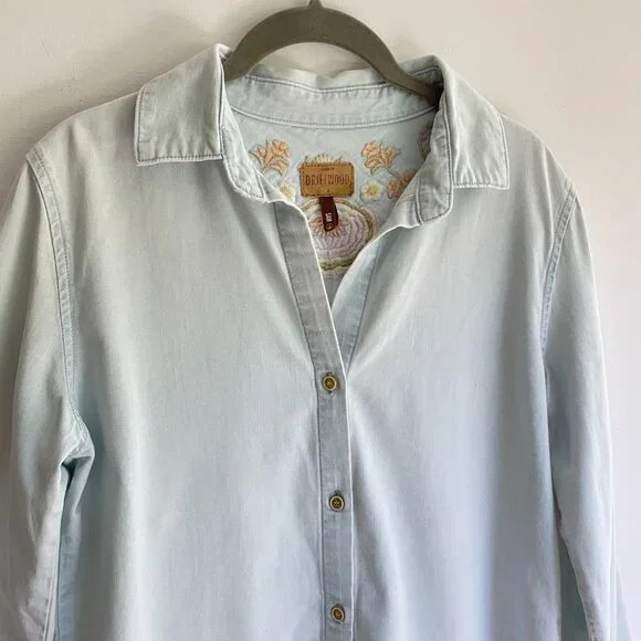 DRIFTWOOD Light Washed Embroidered Back Demin Shirt Size M - Picture 5 of 14